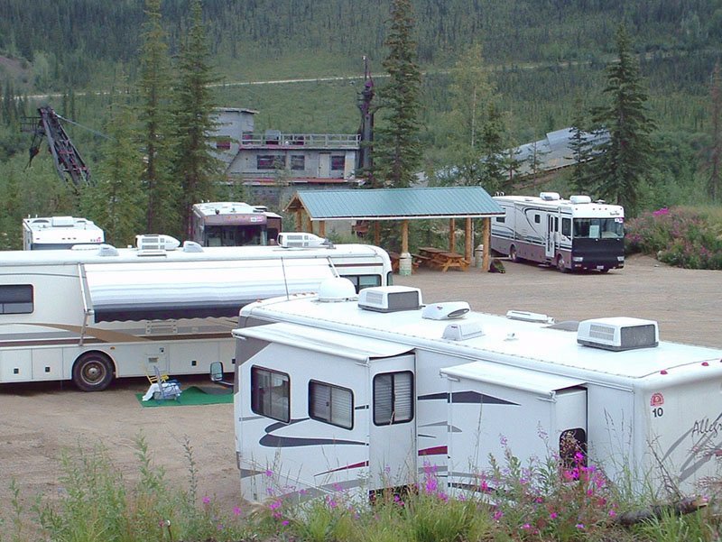 The group camping area, with the gold dredge in the background - Chicken, Alaska